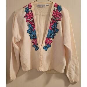 Evan Picone Cardigan Sweater Sz Lg Lambswool Cream Embroidered Flowers Red Green